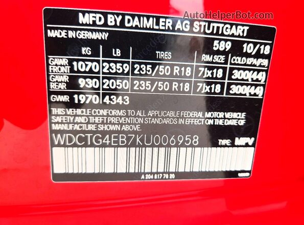 WDCTG4EB7KU006958 2019 MERCEDES-BENZ GLA Red Widok naklejki z numerem VIN