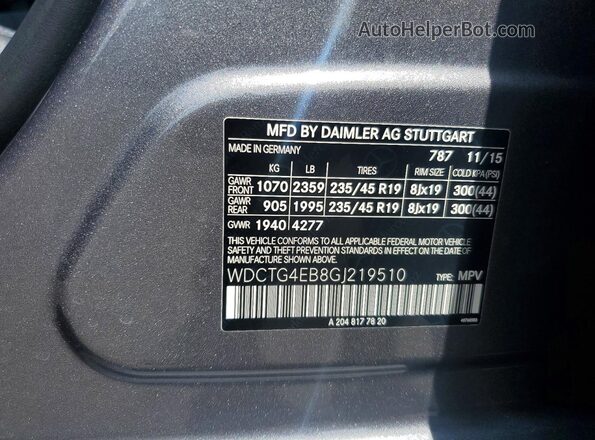 WDCTG4EB8GJ219510 2016 MERCEDES-BENZ GLA Gray Widok naklejki z numerem VIN