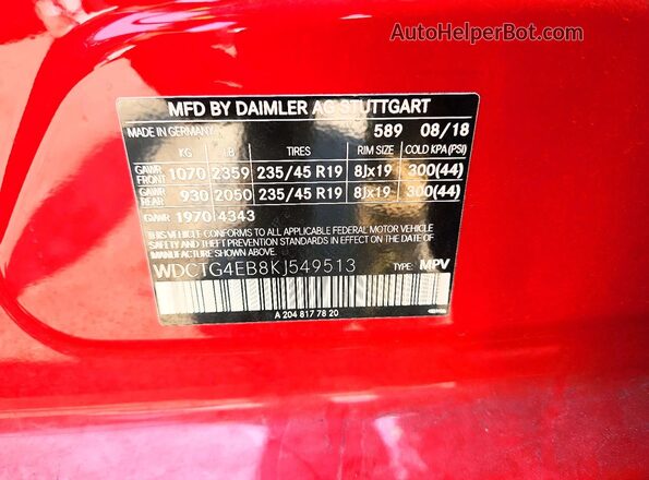 WDCTG4EB8KJ549513 2019 MERCEDES-BENZ GLA Red VIN կոդի պիտակի տեսք