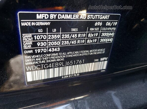 WDCTG4EB9LJ651761 2020 MERCEDES-BENZ GLA Black Vista de la etiqueta del VIN