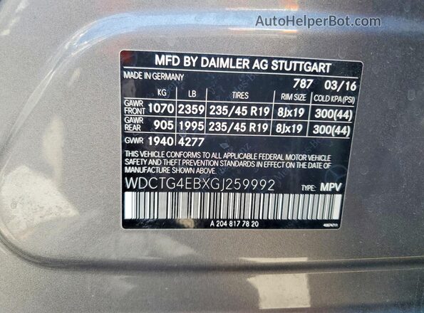 WDCTG4EBXGJ259992 2016 MERCEDES-BENZ GLA Gray Vista de la etiqueta del VIN