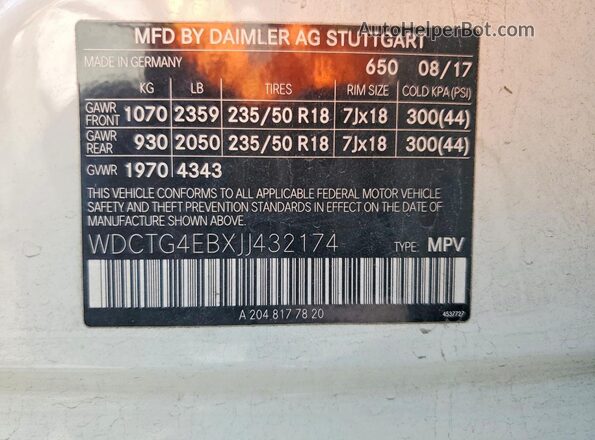 WDCTG4EBXJJ432174 2018 MERCEDES-BENZ GLA White Widok wnętrza 360 stopni