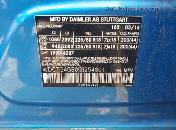 WDCTG4GB0GJ254801 2016 MERCEDES-BENZ GLA 250 Blue Вид підкапотного простору