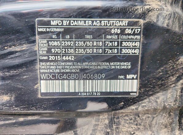 WDCTG4GB0JJ406809 2018 MERCEDES-BENZ GLA Black Widok naklejki z numerem VIN