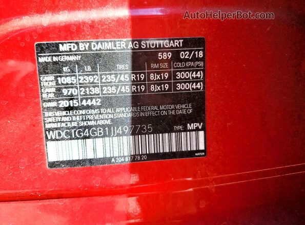 WDCTG4GB1JJ497735 2018 MERCEDES-BENZ GLA Red VIN կոդի պիտակի տեսք