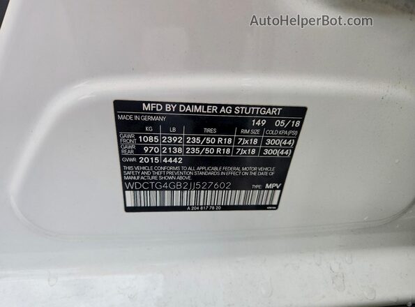 WDCTG4GB2JJ527602 2018 MERCEDES-BENZ GLA White Widok naklejki z numerem VIN