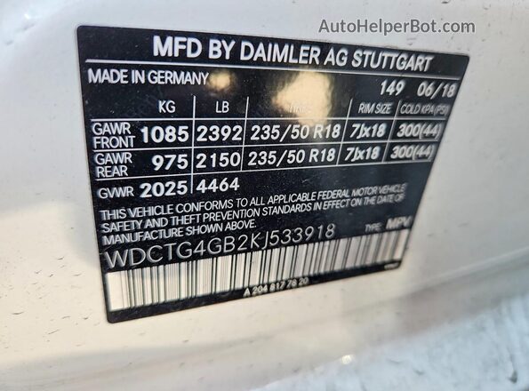 WDCTG4GB2KJ533918 2019 MERCEDES-BENZ GLA White Vista interior de 360 grados