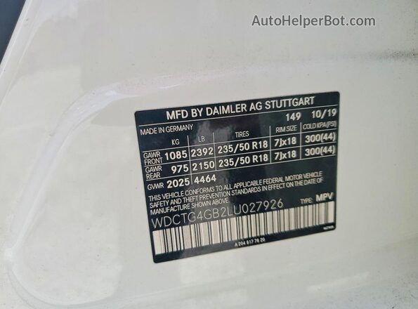 WDCTG4GB2LU027926 2020 MERCEDES-BENZ GLA White Widok naklejki z numerem VIN