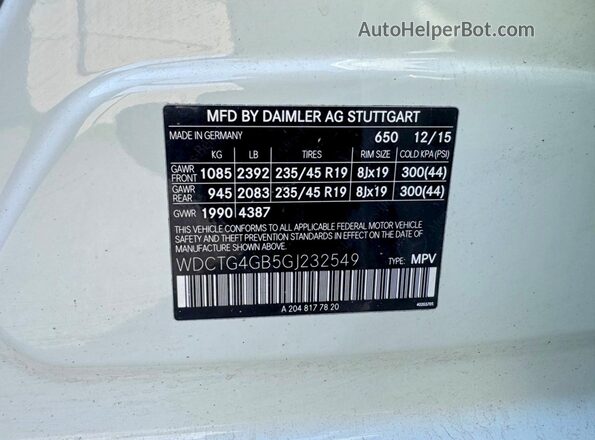 WDCTG4GB5GJ232549 2016 MERCEDES-BENZ GLA White VIN կոդի պիտակի տեսք