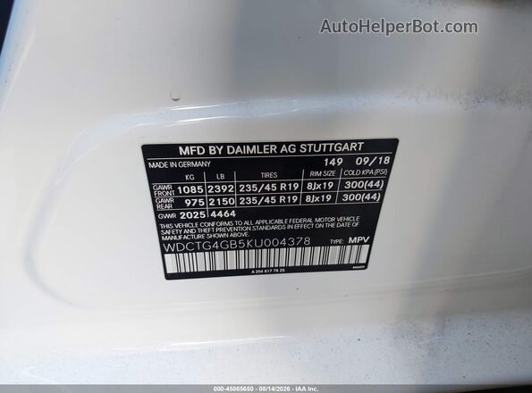 WDCTG4GB5KU004378 2019 MERCEDES-BENZ GLA 250 White Вид підкапотного простору