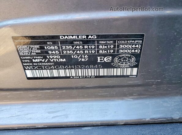 WDCTG4GB6HJ326845 2017 MERCEDES-BENZ GLA Gray VIN կոդի պիտակի տեսք