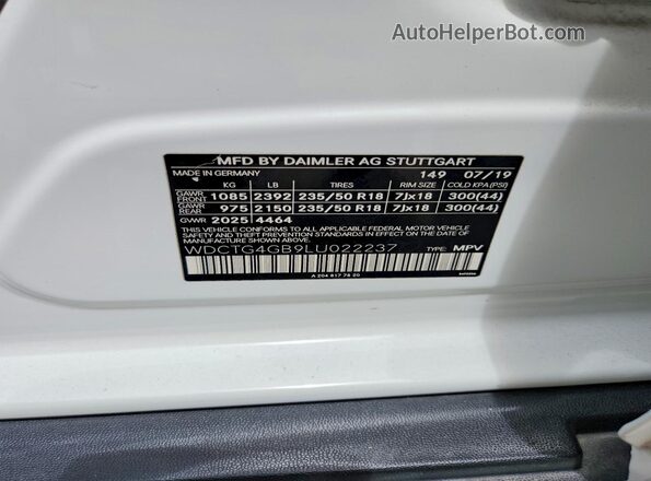 WDCTG4GB9LU022237 2020 MERCEDES-BENZ GLA White Vista interior de 360 grados