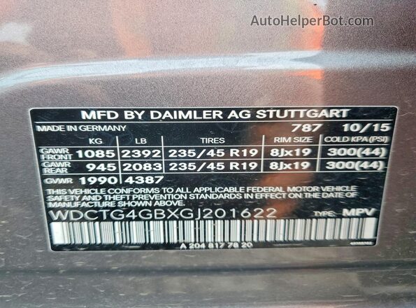 WDCTG4GBXGJ201622 2016 MERCEDES-BENZ GLA Серый Вид наклейки с VIN-кодом
