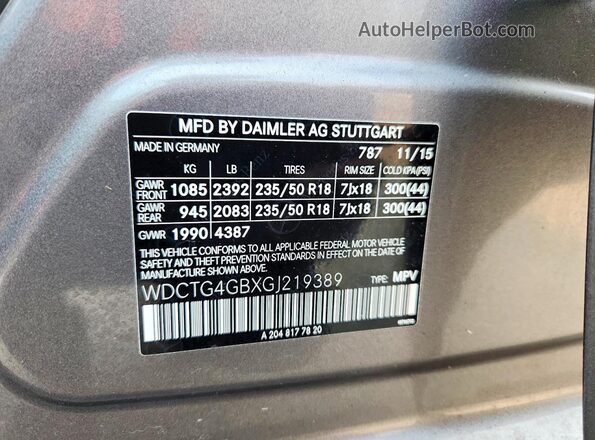 WDCTG4GBXGJ219389 2016 MERCEDES-BENZ GLA Gray Вид наклейки з VIN-кодом