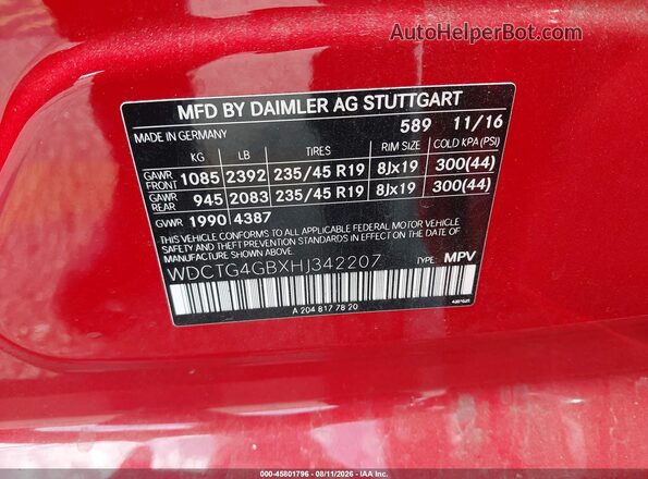 WDCTG4GBXHJ342207 2017 MERCEDES-BENZ GLA 250 Красный Вид подкапотного пространства