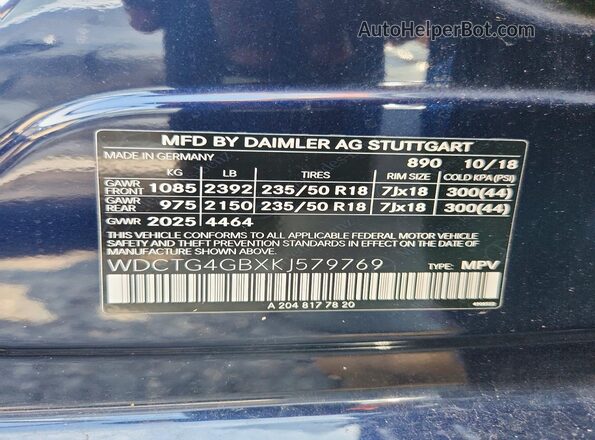 WDCTG4GBXKJ579769 2019 MERCEDES-BENZ GLA Blue Вид наклейки з VIN-кодом