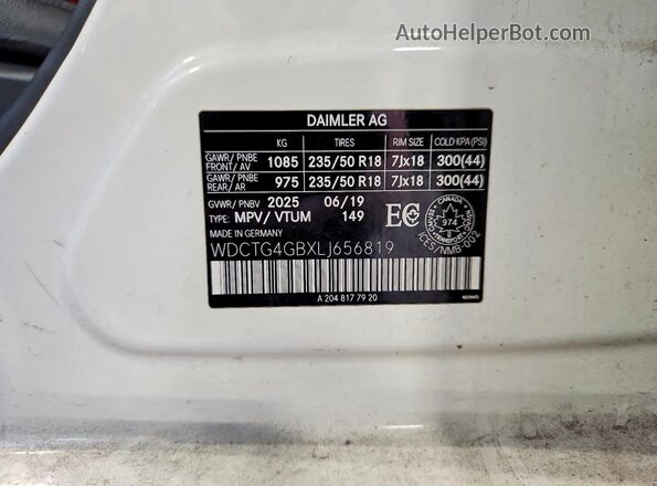 WDCTG4GBXLJ656819 2020 MERCEDES-BENZ GLA White Widok naklejki z numerem VIN