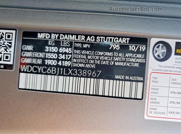 WDCYC6BJ1LX338967 2020 MERCEDES-BENZ G-CLASS Серый Вид наклейки с VIN-кодом