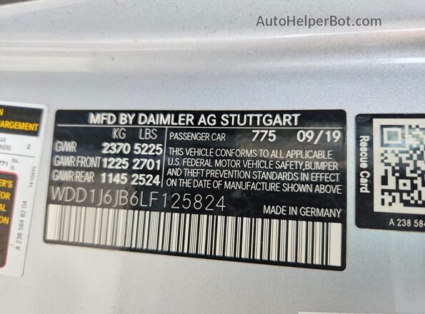 WDD1J6JB6LF125824 2020 MERCEDES-BENZ E Silver VIN կոդի պիտակի տեսք