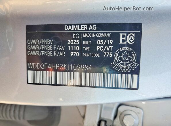 WDD3F4HB3KJ109984 2019 MERCEDES-BENZ A Silver VIN კოდის სტიკერის ხედი