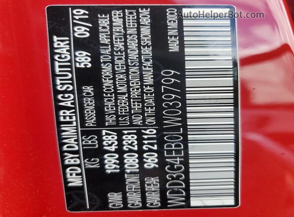 WDD3G4EB0LW039799 2020 MERCEDES-BENZ A Red Widok naklejki z numerem VIN