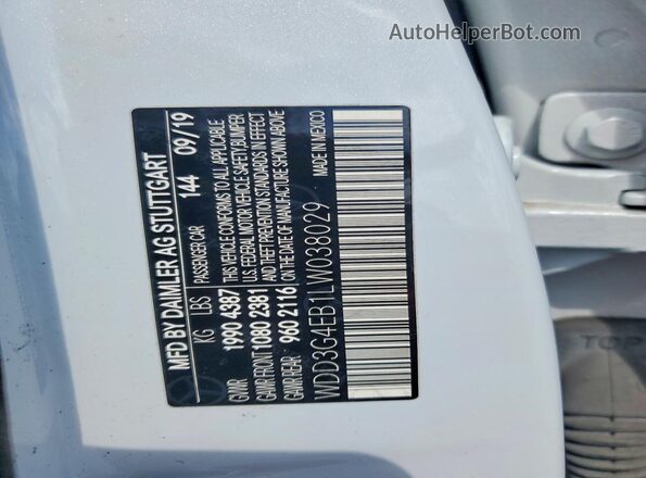 WDD3G4EB1LW038029 2020 MERCEDES-BENZ A White VIN კოდის სტიკერის ხედი