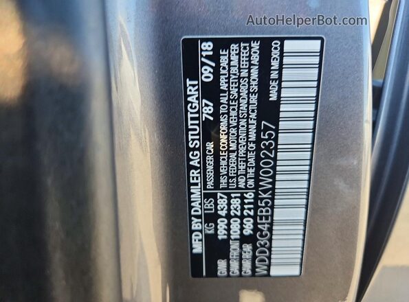 WDD3G4EB5KW002357 2019 MERCEDES-BENZ A Gray Вид наклейки з VIN-кодом