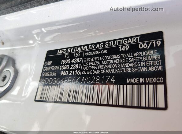 WDD3G4EB6KW028174 2019 MERCEDES-BENZ A 220 White Vista del compartimento del motor