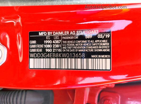WDD3G4EB8KW013658 2019 MERCEDES-BENZ A Красный Вид наклейки с VIN-кодом