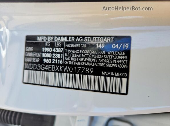 WDD3G4EBXKW017789 2019 MERCEDES-BENZ A White ძრავის განყოფილების ხედი