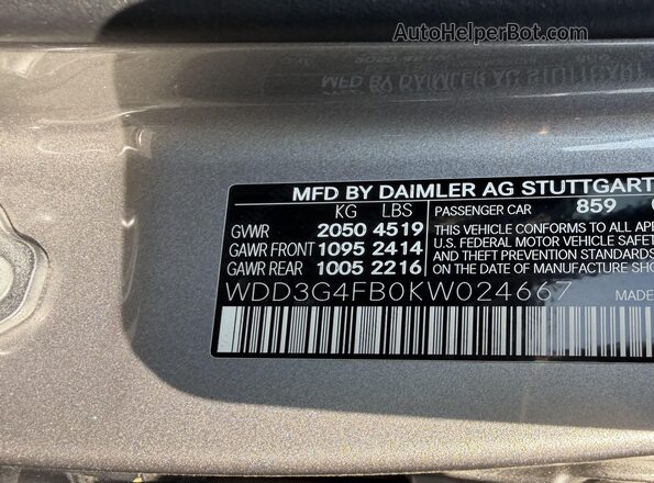 WDD3G4FB0KW024667 2019 MERCEDES-BENZ A Серый Вид наклейки с VIN-кодом