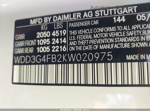 WDD3G4FB2KW020975 2019 MERCEDES-BENZ A 220 White ძრავის განყოფილების ხედი
