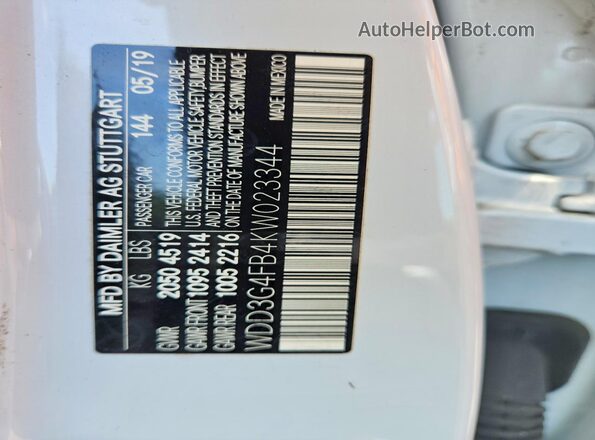 WDD3G4FB4KW023344 2019 MERCEDES-BENZ A-CLASS White VIN sticker view