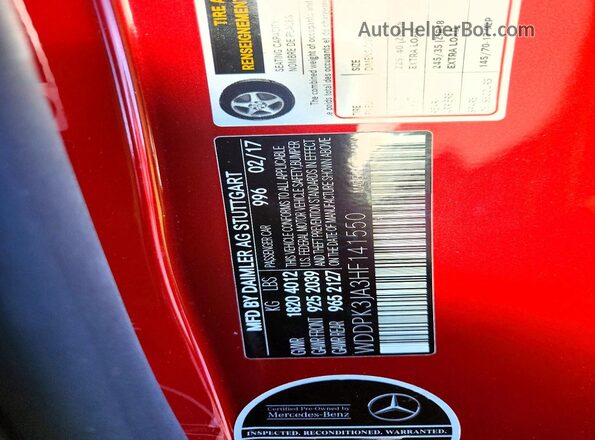 WDDPK3JA3HF141550 2017 MERCEDES-BENZ SLC Red VIN კოდის სტიკერის ხედი