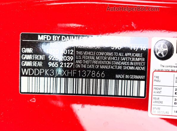 WDDPK3JAXHF137866 2017 MERCEDES-BENZ SLC Red Vista de la etiqueta del VIN