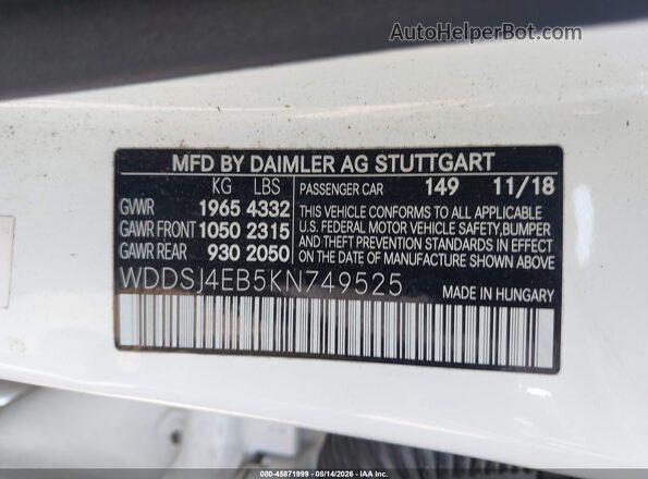 WDDSJ4EB5KN749525 2019 MERCEDES-BENZ CLA 250 White Engine compartment view
