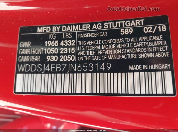 WDDSJ4EB7JN653149 2018 MERCEDES-BENZ CLA 250 Red Շարժիչի բաժամունքի տեսք