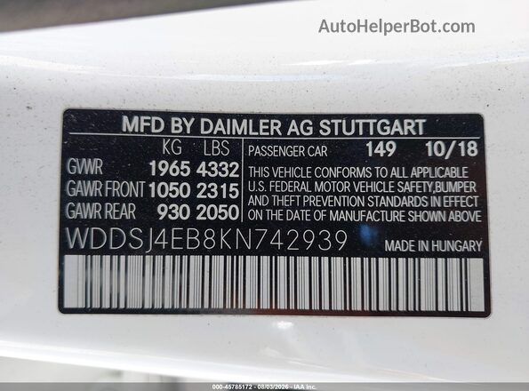 WDDSJ4EB8KN742939 2019 MERCEDES-BENZ CLA 250 White Vista del compartimento del motor