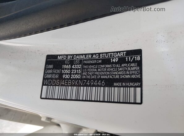 WDDSJ4EB9KN749446 2019 MERCEDES-BENZ CLA 250 White ძრავის განყოფილების ხედი