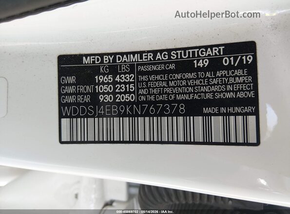 WDDSJ4EB9KN767378 2019 MERCEDES-BENZ CLA 250 White Vista del compartimento del motor