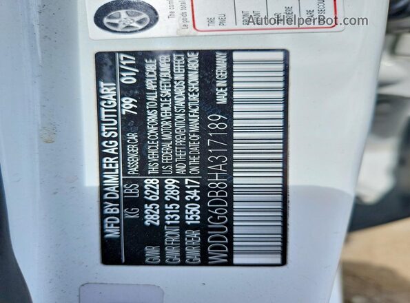 WDDUG6DB8HA317189 2017 MERCEDES-BENZ S White VIN კოდის სტიკერის ხედი