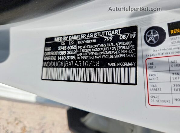 WDDUG8JBXLA510758 2020 MERCEDES-BENZ S White VIN կոդի պիտակի տեսք