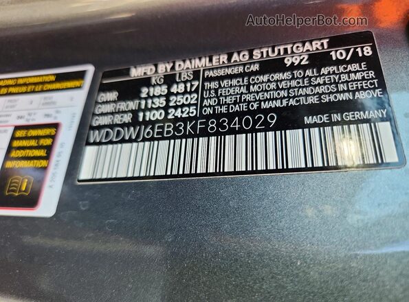 WDDWJ6EB3KF834029 2019 MERCEDES-BENZ C Gray VIN კოდის სტიკერის ხედი