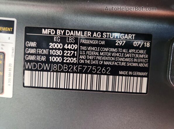 WDDWJ8DB2KF775262 2019 MERCEDES-BENZ C Gray Vista de la etiqueta del VIN