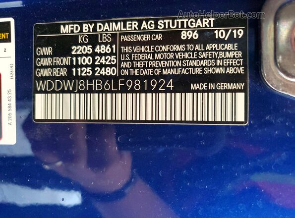 WDDWJ8HB6LF981924 2020 MERCEDES-BENZ C Blue Вид підкапотного простору