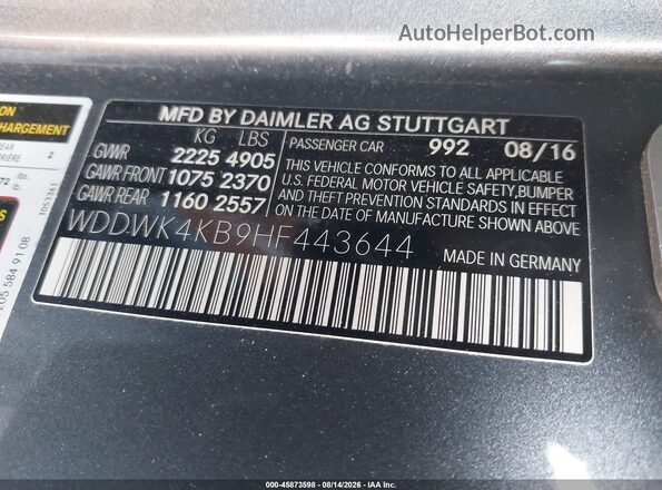 WDDWK4KB9HF443644 2017 MERCEDES-BENZ C-CLASS Gray Вид підкапотного простору