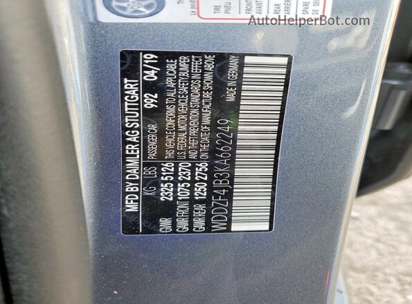 WDDZF4JB3KA662249 2019 MERCEDES-BENZ E Gray Vista de la etiqueta del VIN