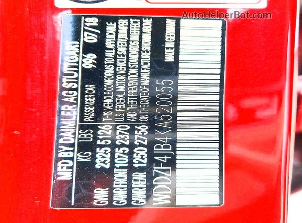 WDDZF4JB4KA520055 2019 MERCEDES-BENZ E Red VIN კოდის სტიკერის ხედი