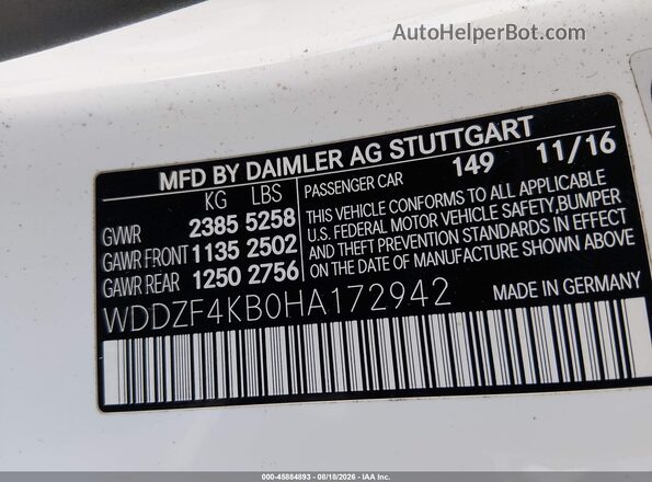 WDDZF4KB0HA172942 2017 MERCEDES-BENZ E-CLASS White Вид підкапотного простору