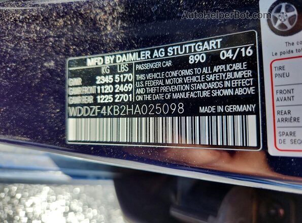 WDDZF4KB2HA025098 2017 MERCEDES-BENZ E-CLASS Blue Widok naklejki z numerem VIN